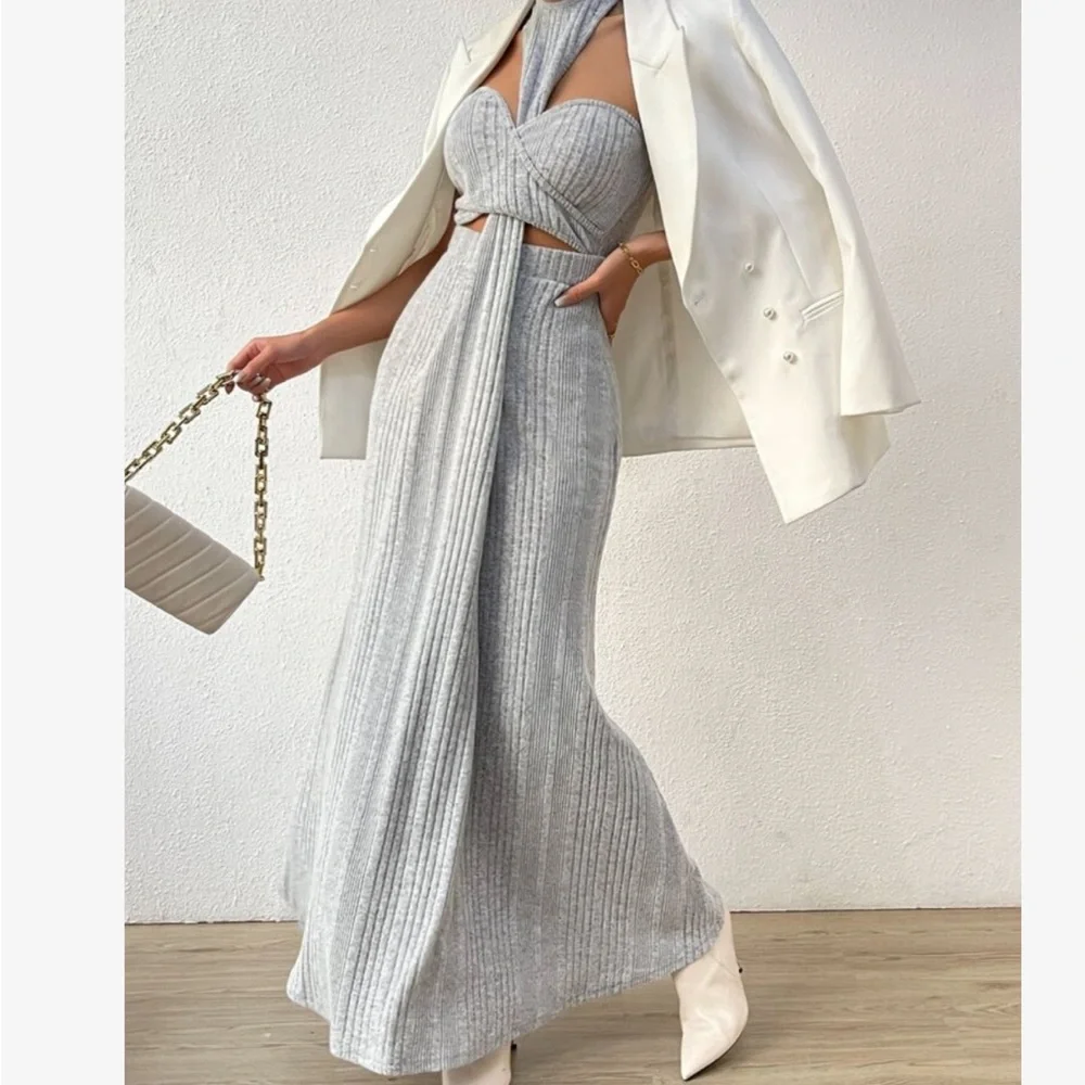 Sexy Sweetheart Cut Out Ribbed Knit Halter Maxi Dress Gray - Picture 5 of 6